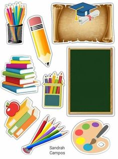 an assortment of school supplies including books, pencils, markers and eraser pens