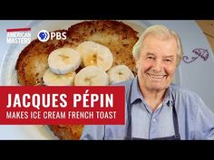 an old man is standing in front of a plate of food with bananas on it