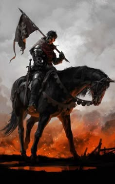 a man riding on the back of a horse in front of a fire filled sky