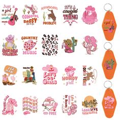 various pink and orange stickers on white background with words that spell out country music