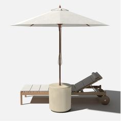 an umbrella and chaise lounge set on a white background with shadow from the sun