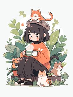 a woman sitting on top of a potted plant next to two cats and holding a cup