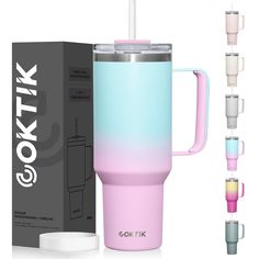 the pink and blue cup is next to its packaging