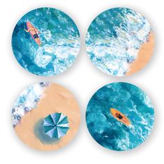 four pictures of people in the ocean with umbrellas and surfboards on them,