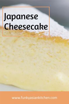 a piece of cheesecake with powdered sugar on top and the words japanese cheesecake above it