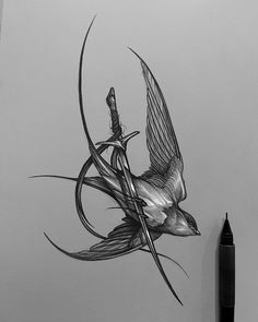 a black and white drawing of a bird flying