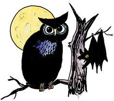 an owl sitting on a tree branch with bats in front of it and the moon behind it