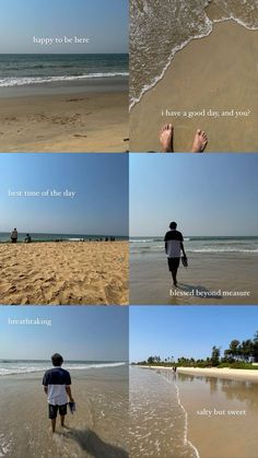 there are four different pictures that show the same person walking on the beach and in the water