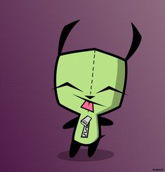 a cartoon character wearing a green shirt and tie with horns on it's head