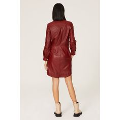 Red leather (100% Leather). Sheath. Collared neckline. Long sleeves. Front button closure. Imported. Sleek Collared Fall Dress, Red Mini Dress For Work, Fitted Fall Shirt Dress For Business, Sleek Shirt Dress For Fall Workwear, Chic Red Mini Dress For Office, Fall Leather Long Sleeve Dresses, Fall Leather Mini Dress For Work, Leather Mini Dress For Work In Fall, Fall Long Sleeve Leather Dresses