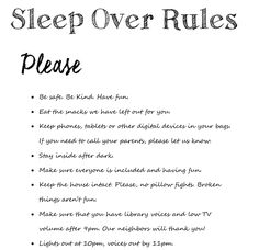 the sleep over rules are written in black and white on a sheet with an image of a