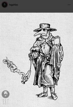 a drawing of a man in a hat holding a pipe and wearing a long coat