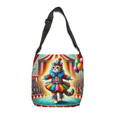 a colorful bag with an image of a cat on the circus floor and clowns in the background