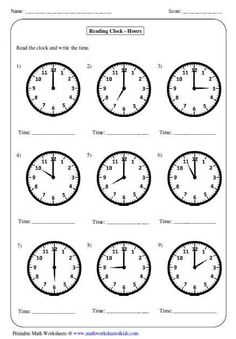 printable worksheet for telling time to the hour and five minutes on clocks