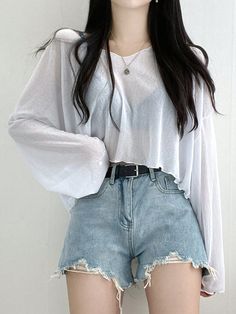 Women's Loose-Fit Short V-Neck T-Shirt In Solid Color White Casual  Long Sleeve Polyester Plain  Slight Stretch Spring/Summer Women Clothing, size features are:Bust: ,Length: ,Sleeve Length: Casual Formal Summer Outfits, Cute Casual Outfits For School, Tops For Women Casual, Trendy Spring Outfits, Women Fashion Casual, Fashion Top Outfits, Korean Fashion Dress, Clothes Shop