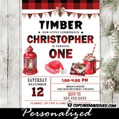 this is an image of a lumber christmas party flyer with red and black plaid decorations