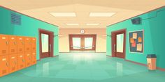 an empty school hallway with lockers and clock on the wall royalty illustration stock illustration