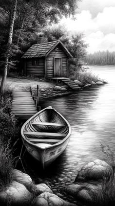 a boat sitting on top of a lake next to a dock