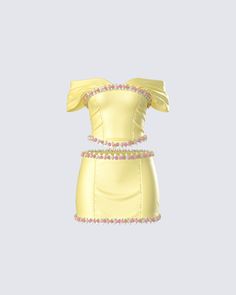 The belle of the ball 💛 Be the beauty they’ve been searching for in this two-piece matching set featuring a yellow floral off-shoulder top and micro mini skirt 😌 Summer Party Sets With Off-shoulder Shape, Off-shoulder Summer Party Sets, Summer Off-shoulder Party Sets, Yellow Two-piece Dress For Spring, Spring Yellow Two-piece Dress, Elegant Off-shoulder Sets For Spring, Elegant Off-shoulder Spring Sets, Strapless Party Sets For Spring, Coquette Clothing