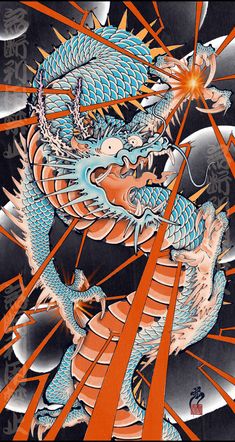 an image of a blue and orange dragon on black paper with red lines around it