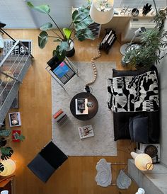 an overhead view of a living room with plants on the coffee table and other furniture