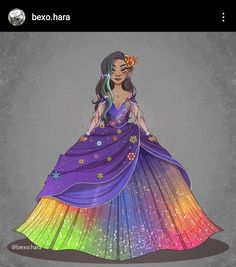 a drawing of a woman in a purple dress with stars on the skirt and rainbow hair