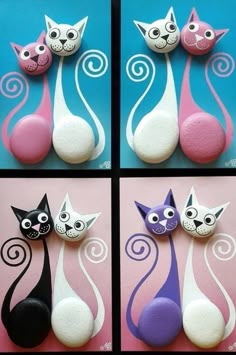 four different pictures of cats made out of clay