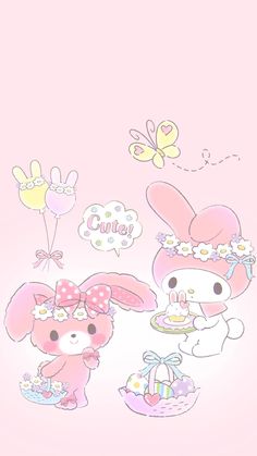 two cute little animals standing next to each other on a pink background with balloons and flowers