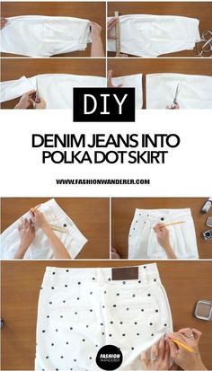 the instructions for how to sew denim shorts with polka dots on them are shown