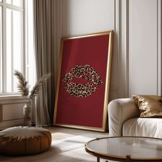 a living room with a leopard print on the wall and a red poster behind it