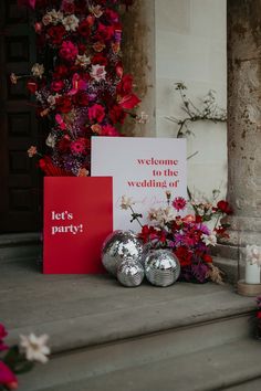 Floral decorations with magenta and pink dahlias, orchids, roses, amaryllis, anthuriums and dried flowers with three disco ball wedding decorations and retro wedding signs | Mark Horton Photos Viva Magenta Wedding, Retro Wedding Theme, Magenta Wedding, Disco Wedding, Funky Wedding, Red Wedding Theme, Disco Theme, Eclectic Wedding, Viva Magenta