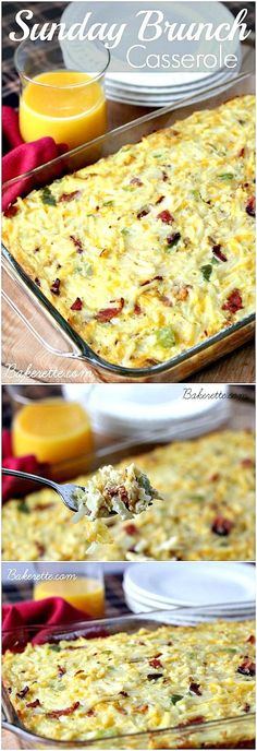 an egg casserole with bacon and spinach is shown in three different views