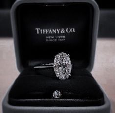 an oval cut diamond ring sits in a black velvet box with the logo tiffany & co on it