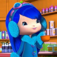 a cartoon girl with blue hair and ear muffs standing in front of a shelf