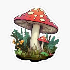 a mushroom sticker sitting on top of a green plant filled with leaves and mushrooms