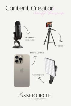 the contents of an iphone camera, tripod and cell phone with text describing how to use it