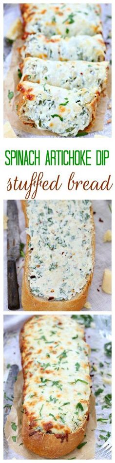 spinach artichoke dip stuffed bread on a cutting board with text overlay