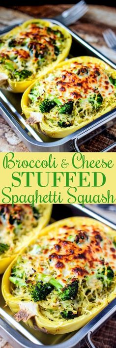 broccoli and cheese stuffed spaghetti squash casserole is shown in two separate pans