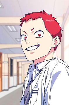 an anime character with red hair wearing a white shirt and tie, standing in a hallway