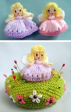 crocheted doll sitting on top of a green cushion with flowers and pins in it