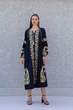 Ethnic Embroidered Navy Blue Cotton Kaftan Dress, Tunic Dress, Caftans for Women, Egyptian Cotton. Summer Caftan, Party, Casual, Home Dress - Etsy Bohemian Blue Chikankari Embroidered Dress, Blue Bohemian Chikankari Embroidered Dress, Blue Bohemian Dress With Chikankari Embroidery, Bohemian Long Kaftan With Gold Embroidery, Long Bohemian Kaftan With Gold Embroidery, Bohemian Long Sleeve Thobe With Gold Embroidery, Bohemian Maxi Dress With Gold Embroidery, Bohemian Thobe With Gold Embroidery For Eid, Bohemian Kaftan With Gold Embroidery