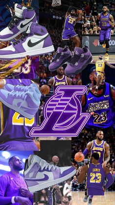 collage of basketball players in purple and yellow uniforms with the number 25 on their shoes