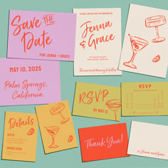 wedding stationery cards with hand drawn lettering on them and envelopes in different colors