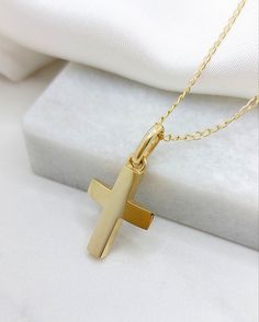 18k Greece Gold Cross for Christening Baptism. Greece Baptism 18k or 14k Solid Gold Cross with shiny surface. A Handmade Solid Gold Cross  Ιdeal for baptism but also for any other occasion. (Engagement - Birthday - Wedding - Father's Day - Graduation) it can be a baptismal cross as far as for baby girls and for baby boys.  Modern and Minimal  cross that will accompany him or her throughout his life and  will be a symbol of love and protection  a cross for a lifetime Handmade in Greece in our lab 14k Gold Cross Necklace For First Communion, Minimalist Gold Jewelry For Baptism, Yellow Gold Cross Charms For Baptism, Yellow Gold Cross For Baptism, Yellow Gold Cross Necklace For First Communion, Classic Cross Necklace For Baptism, Yellow Gold Baptism Cross Pendant Necklace, 14k Gold Cross Necklace For Baptism, Yellow Gold Cross Pendant Necklace For Baptism