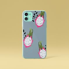 a phone case with two pieces of fruit printed on the front and back, sitting against a beige background