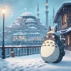 a cartoon character standing in the snow next to a street light and building with lights on