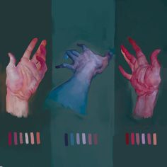 three different colored hands are shown in this painting style photo, one is pink and the other is blue