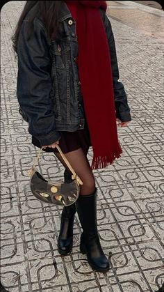 Click the link to visit the jacket and scarf🤗#gilmore #gilmoregirlscore #gilmoregirlsfall  #fall #autumn #cold #cozy #chic #outfits #tallboots #boots #purses #mini #miniskirtoutfit #minipurse #baggysweater #sweater #jeans #jeanjacketoutfits #red #redscarf #scarf #tights #gold #ad #promotion   Not my photo! Please dm me if youd like me to remove:) Autumn Fall Outfits Aesthetic, Red Winter Boots Outfit, Winter Outfit With Denim Jacket, Red Fall Aesthetic Outfit, Trendy Boots Outfit, It Girl Autumn, Winter Outfits With Denim Jackets, Denim Jacket Autumn Outfit, Red Dress And Jacket