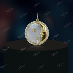 "✨ Are you looking for a celestial masterpiece to adorn your collection? Introducing the \"diamond star and smiley moon on mop pendant,\" a true embodiment of elegance and charm. Crafted with precision from 14k solid gold, this unique 8.265-carat mop pendant is a pure and precious treasure. The resplendent stars are divine, adorned with 0.369-carat natural diamonds, creating a celestial glow that captivates. Weighing 4.942 grams and measuring 21 millimeters in length, this pendant is a symbol of Celestial Moon-shaped Polished Jewelry, Celestial Jewelry Round Pendant With Polished Finish, Celestial Round Pendant With Polished Finish, Lapis Pendant, Gifts For Your Sister, Moon Pendant Necklace, Rose Gold Pendant, Gold Diamond Jewelry, Diamond Star