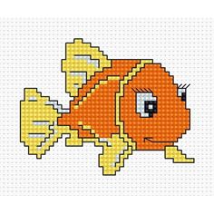 an orange and yellow fish with big eyes on it's face is shown in the cross stitch pattern